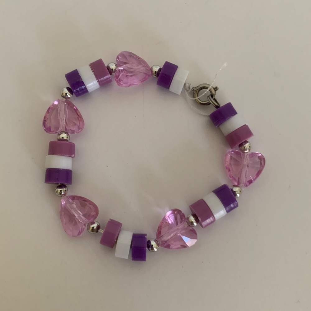 Girls Necklace & Bracelet Set Child’s Size Purple White Beaded Heart Jewelry - Picture 4 of 11